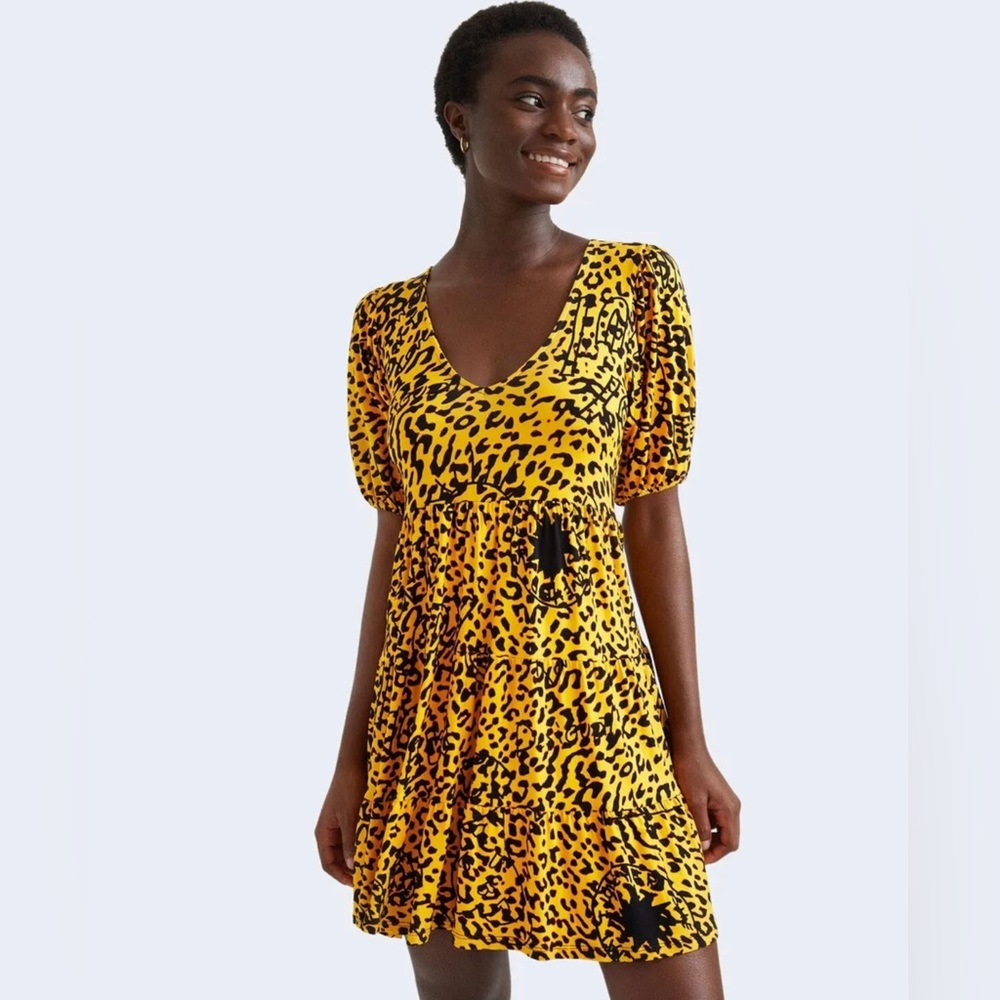 Desiqual Akrom Babydoll Yellow Leopard Print Stretch Jersey Knit Dress Size XL